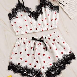 Heart Print Eyelash Lace Satin Lingerie Set